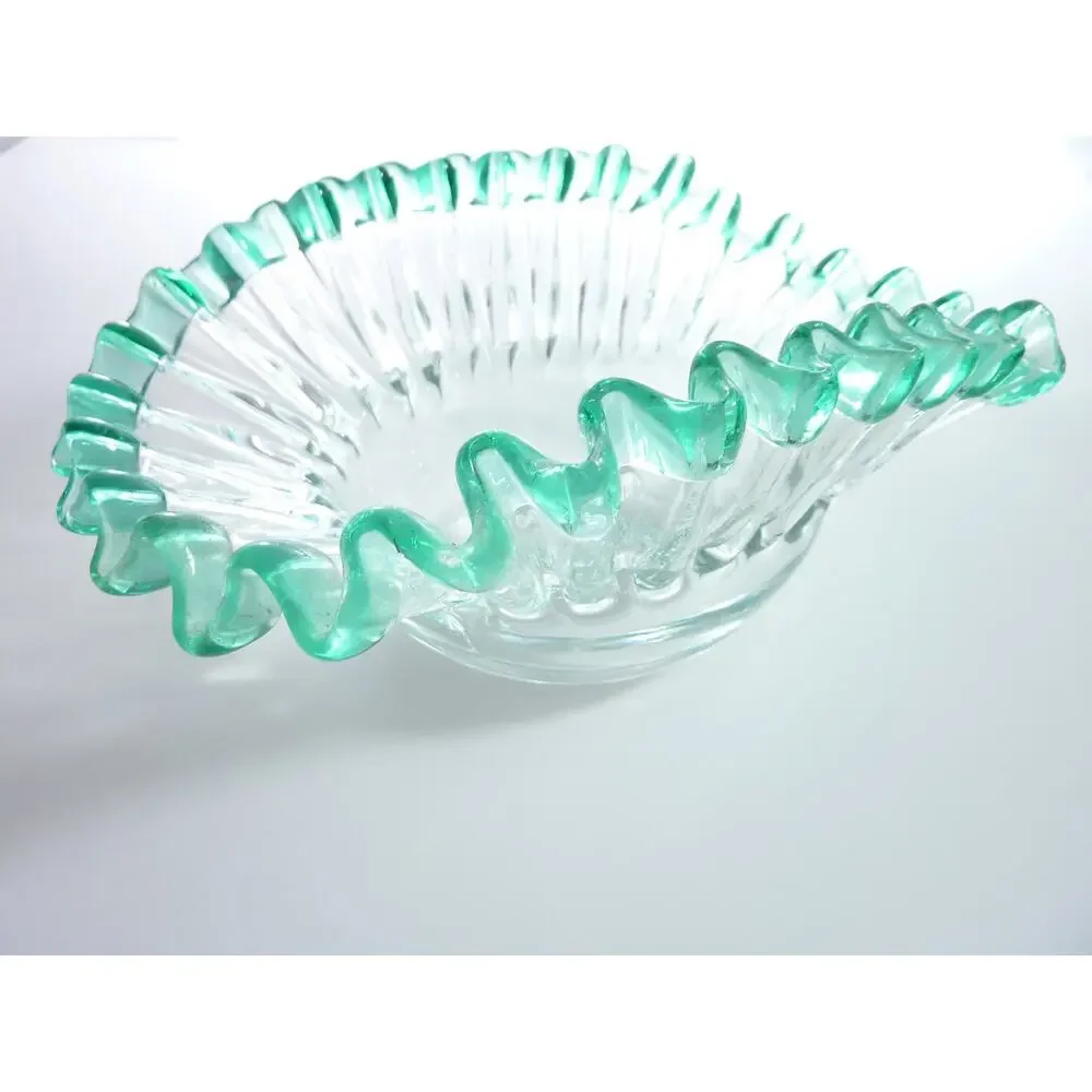 Vintage Hand Blown Glass Ruffle Bowl Clear Turquoise Blue Trim Fluted Catchall